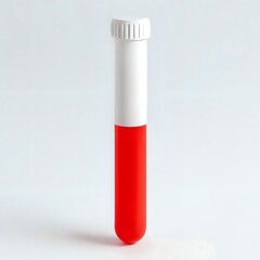 Test tube with red liquid standing on a white surface in a laboratory setting