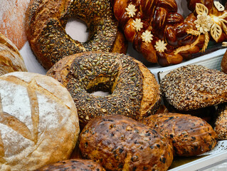 Breathtaking assortment of artisan breads showcasing unique textures and flavors in a cozy bakery setting during the morning rush