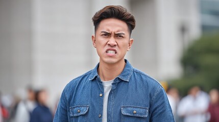 Young man with furrowed brow shows angry expression in outdoor environment.