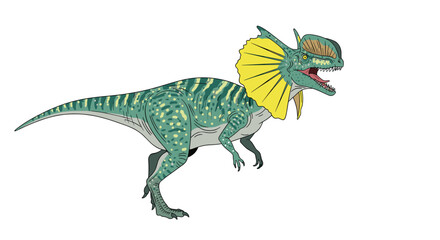 Fototapeta premium A vibrant green cartoon Dilophosaurus with an open mouth and yellow frill stands ready to strike on a clean white background.