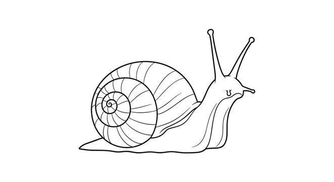 A simple black and white line drawing illustration of a garden snail with its coiled shell and extended eyestalks.