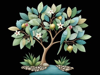 8K resolution stylized digital illustration of a tree with parrots art.