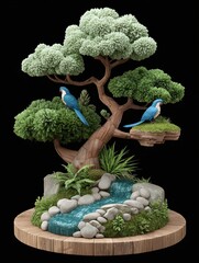 An ornamental bonsai tree with two blue parrots and a small waterfall sits.