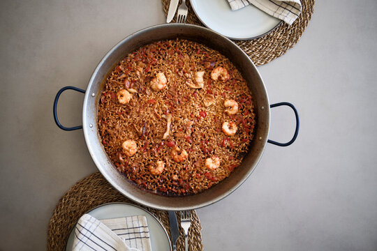 Traditional Spanish Paella Dish with Seafood 