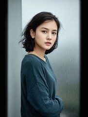 Young attractive asian woman looking at camera du a rainy day outside.