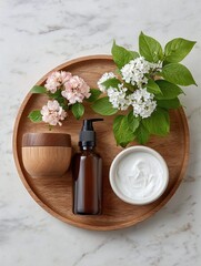 Highly detailed resolution shows skincare products with flowers on marble.