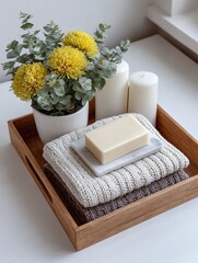 Highly detailed textures beauty product still life with yellow flowers.