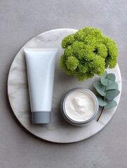 8K resolution shows beauty products with high detail on a marble surface.