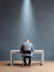 A man sits alone at a desk under a spotlight in a simple gray setting.
