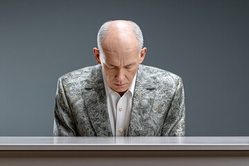 An older bald man wea a patterned jacket sits with his head down low.