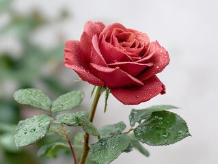 A beautiful velvety red rose blooms covered in water droplets after rain.