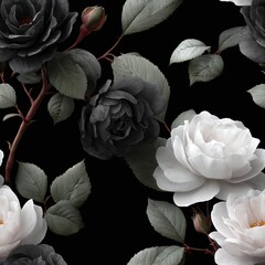 Seamless floral pattern features roses with delicate leaves on black background