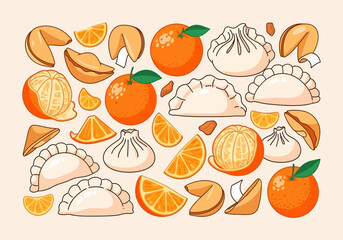 Assortment of Chinese New Year Food Items and Fortune Cookies.