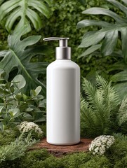White pump bottle sits on wood in a lush garden of tropical foliage.