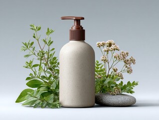 Beige dispenser bottle alongside fresh greenery and a stone on clean background.