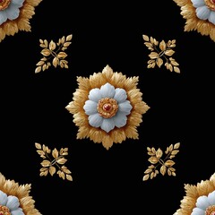 Golden floral ornaments create a seamless decorative pattern on black background.
