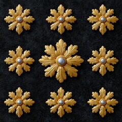 Decorative gold rosettes are arranged symmetrically on a dark background.