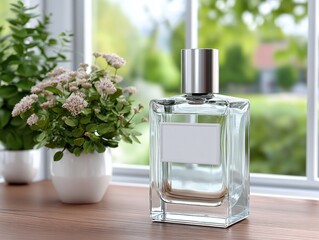 Rectangular perfume bottle sits on a wooden surface near a window indoors.