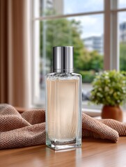 Perfume bottle sits on a wooden table near a window with soft sunlight.