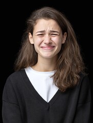 A young woman with long brown hair is sadly crying against black backdrop.