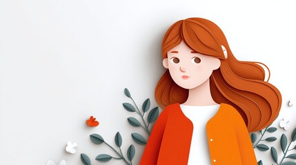 Young woman illustration looking down with leaves and floral decoration