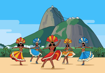 Brazilian dancers in colorful costumes performing a samba dance.