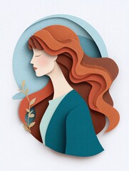 A serene woman with flowing hair holds a delicate sprig in a papercut art.