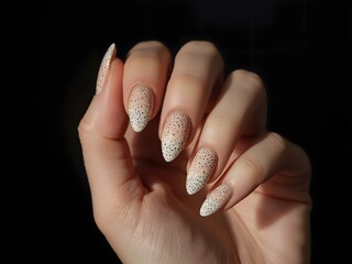 Elegant almond shaped nails with glitter and speckled design