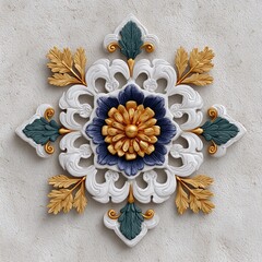 An ornate floral embellishment features gold, blue, and white, beautifully designed.
