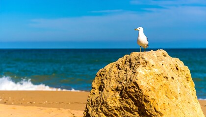 Seagull perched atop coastal rock, ocean waves gently lapping shore