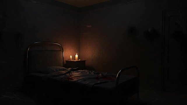 Eerie Room with Bed, Candles, and Shadowy Figures create a sense of mystery and horror, setting