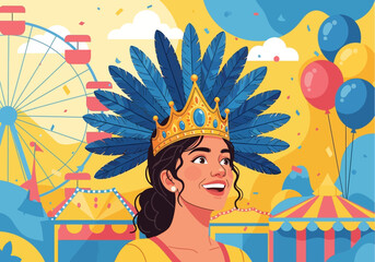 Carnival Queen with Feather Crown at Amusement Park Celebration.