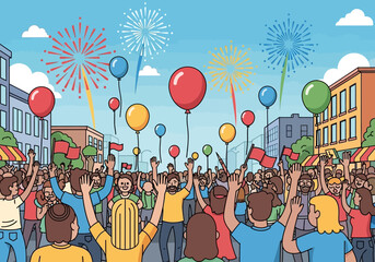 Celebration of joy with balloons and fireworks in the crowd.