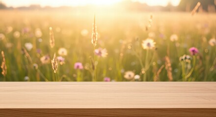 Wooden surface with blurry meadow background and warm sunlight