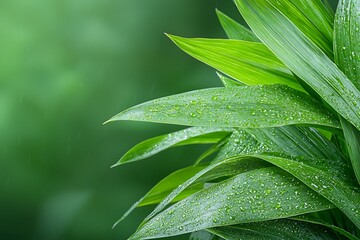 Fresh Green Leaves with Water Drops and Soft Focus Background Ideal for Nature Themes