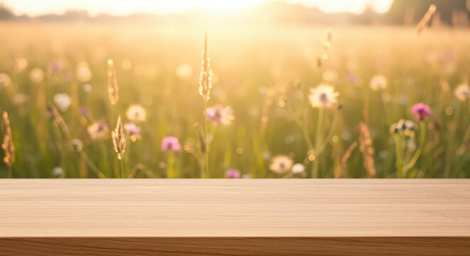 Wooden surface with blurry meadow background and warm sunlight