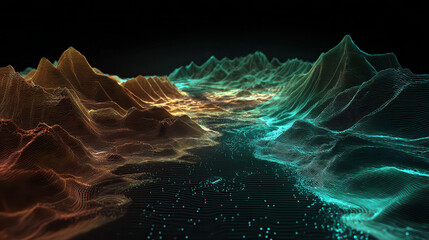 Abstract digital landscape with contrasting warm and cool color palettes