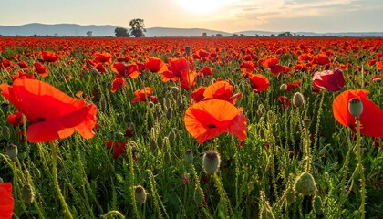 Obraz premium Vibrant red poppies fill a field at sunset