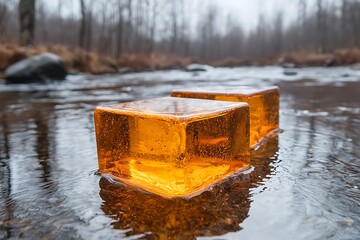 Bright Orange Jelly Cubes Floating on a Calm Stream Surrounded by Nature in Misty Weather