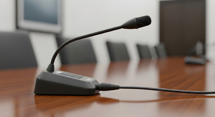 Conference Microphone on a Wooden Table Communication and Meeting Equipment