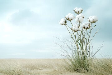 Cotton Plant Blooms in Serene Landscape with Soft Blue Sky and Gentle Windswept Grass