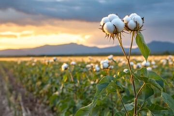 Cotton Plant in a Lush Field Under a Beautiful Sunset with Mountains in Background