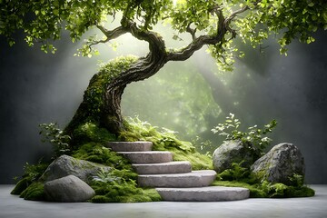 Majestic Tree with Stairs Surrounded by Lush Greenery and Soft Sunlight in Enchanted Forest