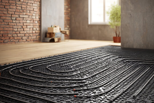 Hydronic radiant floor heating tubes laid out before concrete pouring high resolution photo