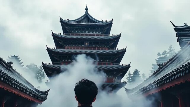 Man gazes at a majestic, multi-tiered pagoda shrouded in mist. Serene and spiritual.