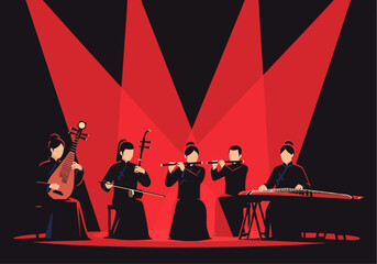 Chinese Traditional Music Ensemble Performing on Stage.