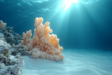 Serene Underwater Scene with Vibrant Coral Formation and Sunlight Beaming from Above