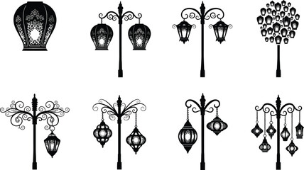 Silhouettes of ornate street lamps with decorative lanterns, vector illustration of vintage and Middle Eastern-inspired urban lighting designs