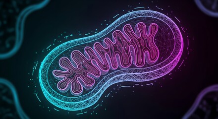 Vibrant neon mitochondrion wireframe glows with energy, representing cellular power and science