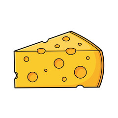 A delicious illustration of a triangular cheese wedge, vibrant yellow with signature holes, representing a tasty dairy product for food, snacks, and meals.